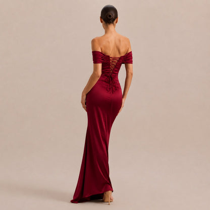 Off Shoulder Satin Maxi Dress