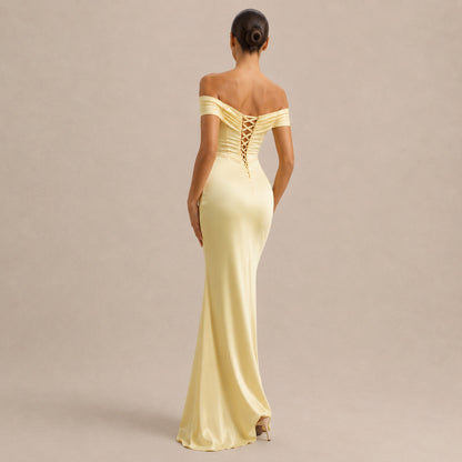 Off Shoulder Satin Maxi Dress