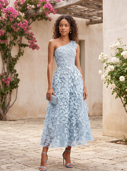 One Shoulder Applique Midi Dress