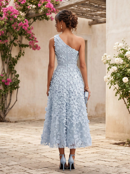 One Shoulder Applique Midi Dress