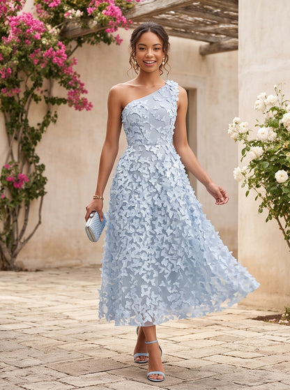 One Shoulder Applique Midi Dress