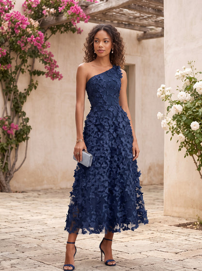 One Shoulder Applique Midi Dress