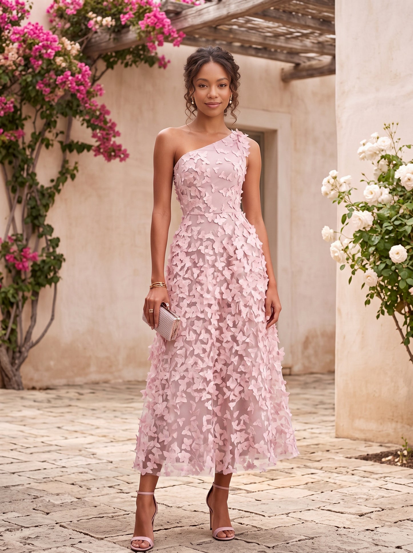 One Shoulder Applique Midi Dress