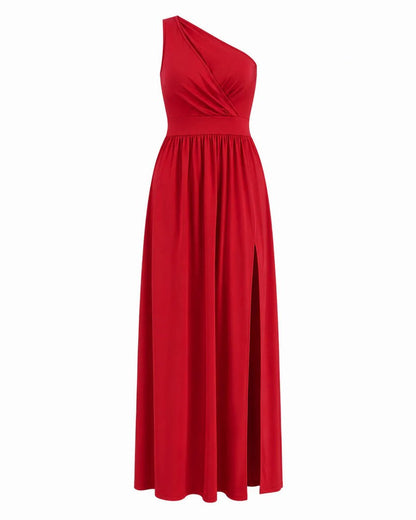 One Shoulder Cutout Pleated Maxi Dress