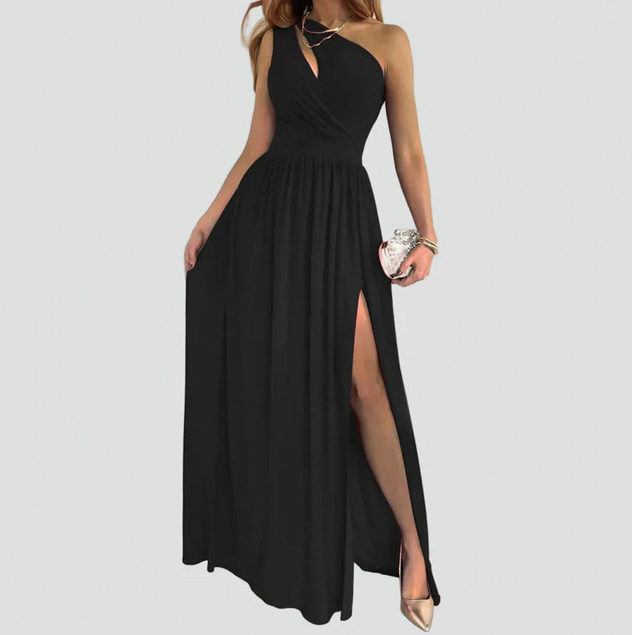 One Shoulder Cutout Pleated Maxi Dress