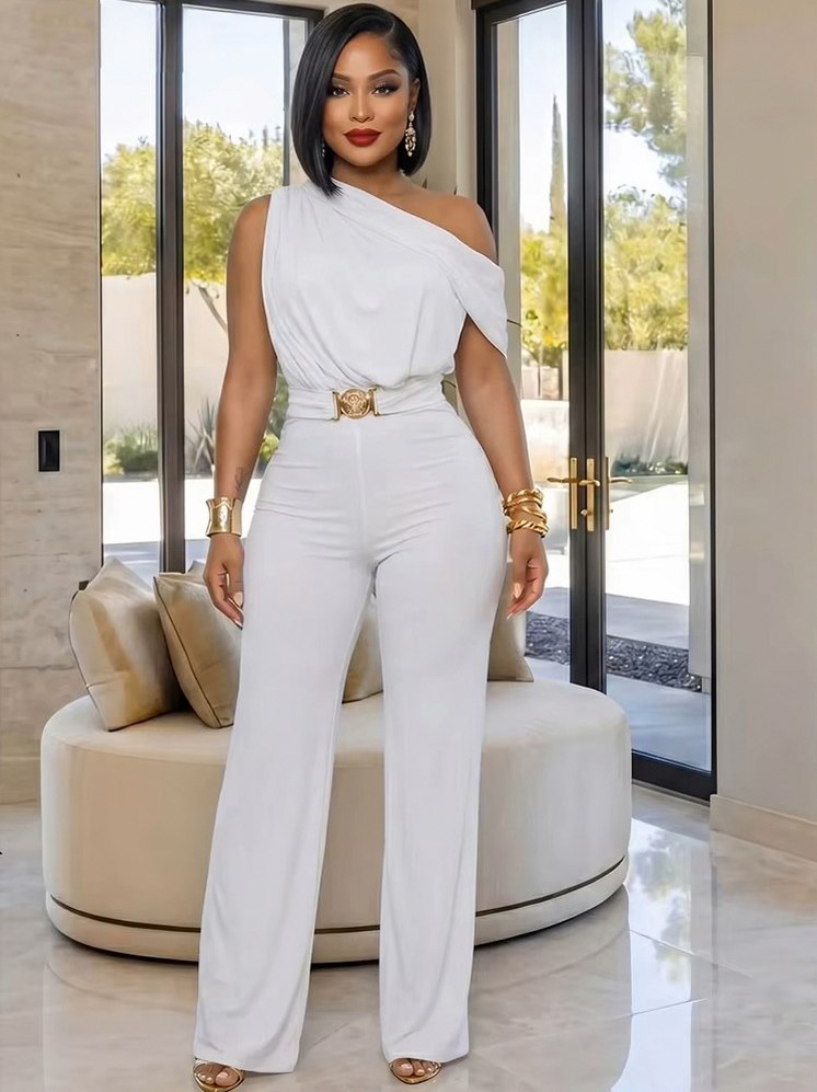 One Shoulder Draped Wide Leg Jumpsuit