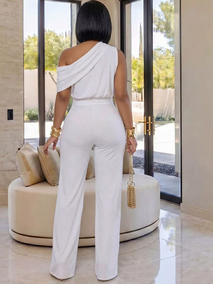 One Shoulder Draped Wide Leg Jumpsuit