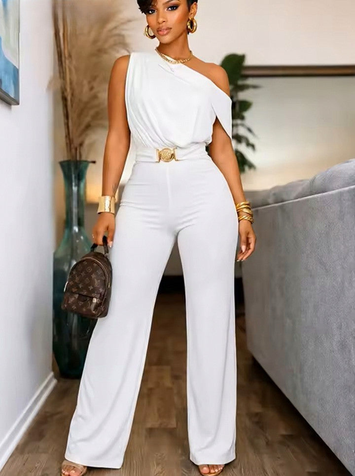 One Shoulder Draped Wide Leg Jumpsuit