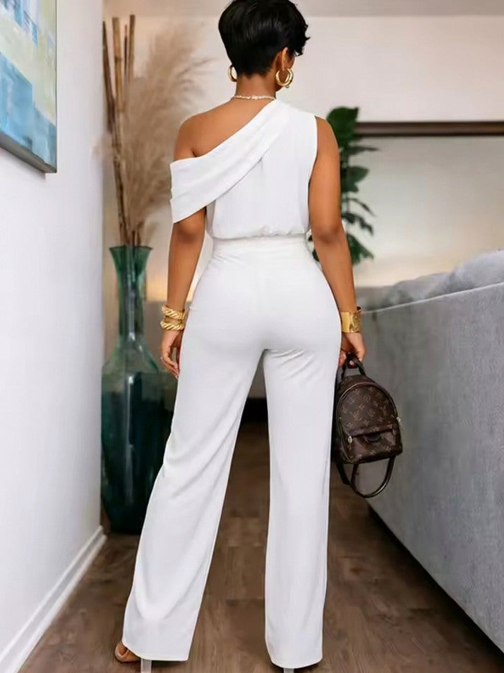 One Shoulder Draped Wide Leg Jumpsuit