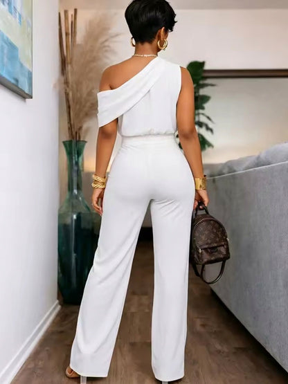 One Shoulder Draped Wide Leg Jumpsuit