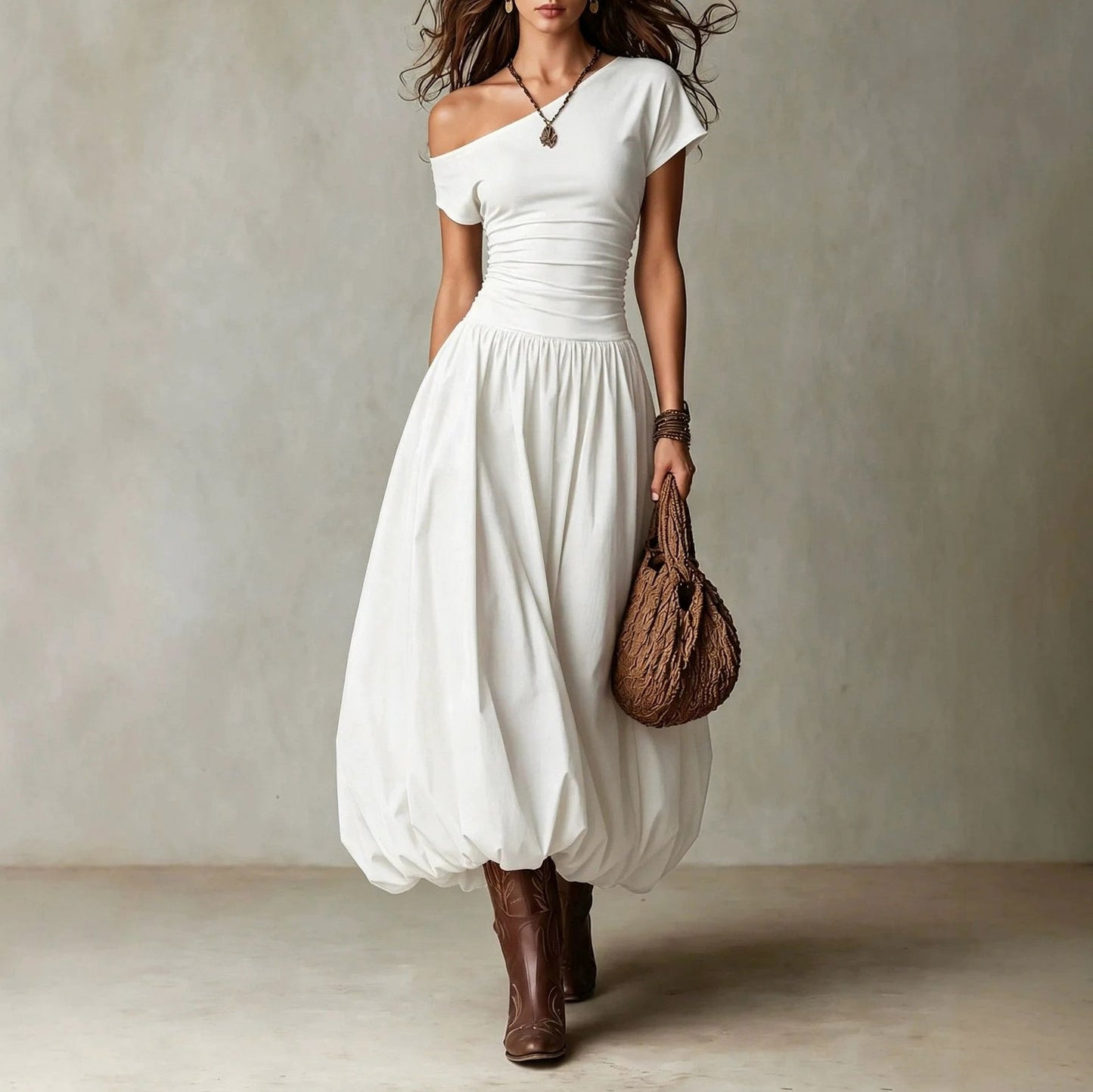 One Shoulder Drop Waist Bubble Maxi Dress