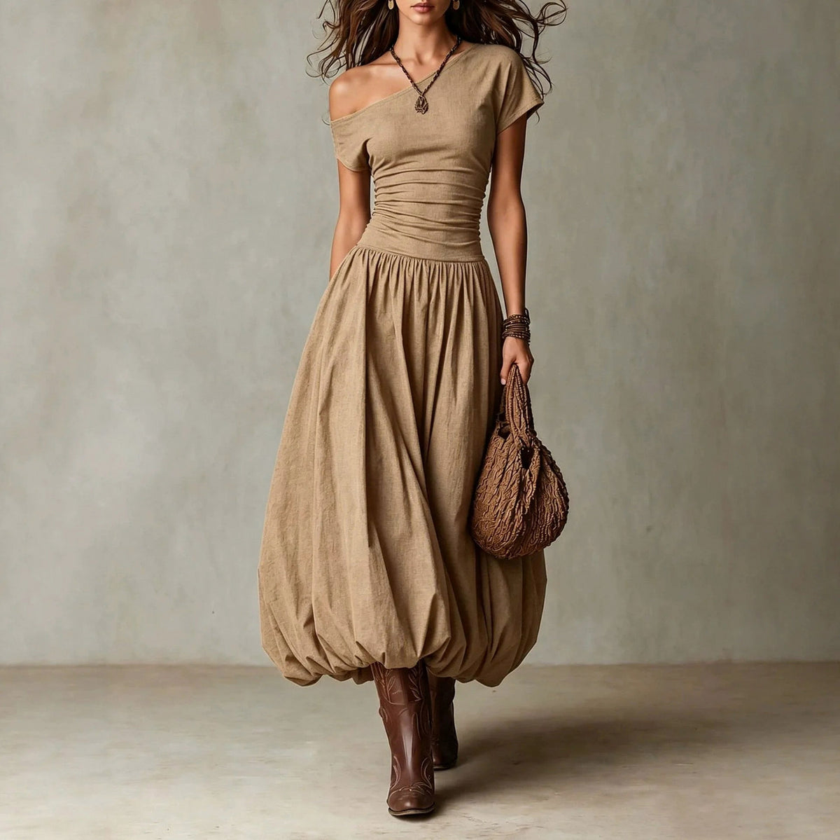 One Shoulder Drop Waist Bubble Maxi Dress