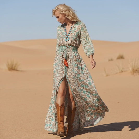 A woman stands in a desert wearing a long-sleeve, V-neck maxi dress with a green and cream paisley floral print, featuring a smocked waist, front slit, and brown leather cowboy boots.