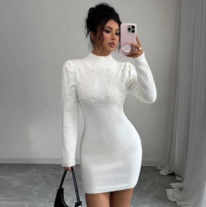 Pearl Beaded Mock Neck Sweater Dress