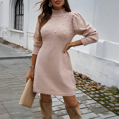 Pearl Beaded Mock Neck Sweater Dress