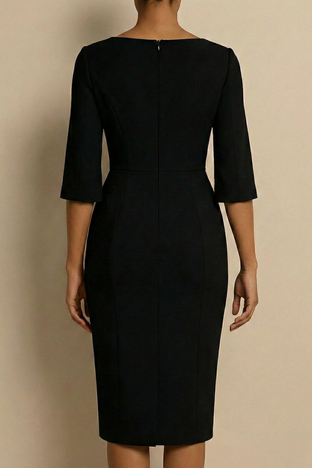 Black - Black crepe sheath dress featuring a bateau neckline and three-quarter split sleeves detailed with pearl embellishments.