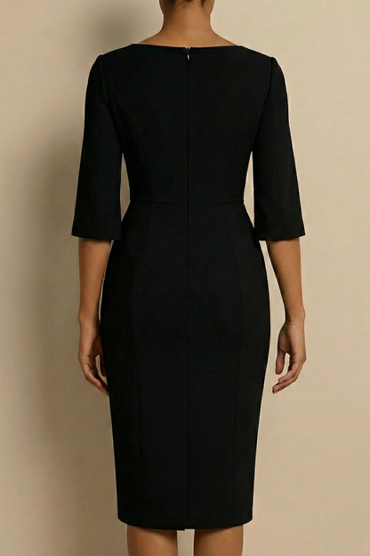 Black - Black crepe sheath dress featuring a bateau neckline and three-quarter split sleeves detailed with pearl embellishments.