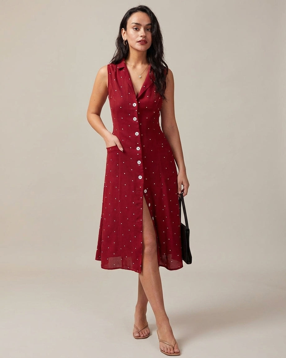 Red - A woman wearing a sleeveless dark red midi dress with white pin dots, featuring a notched collar, button-down front, and side pockets.
