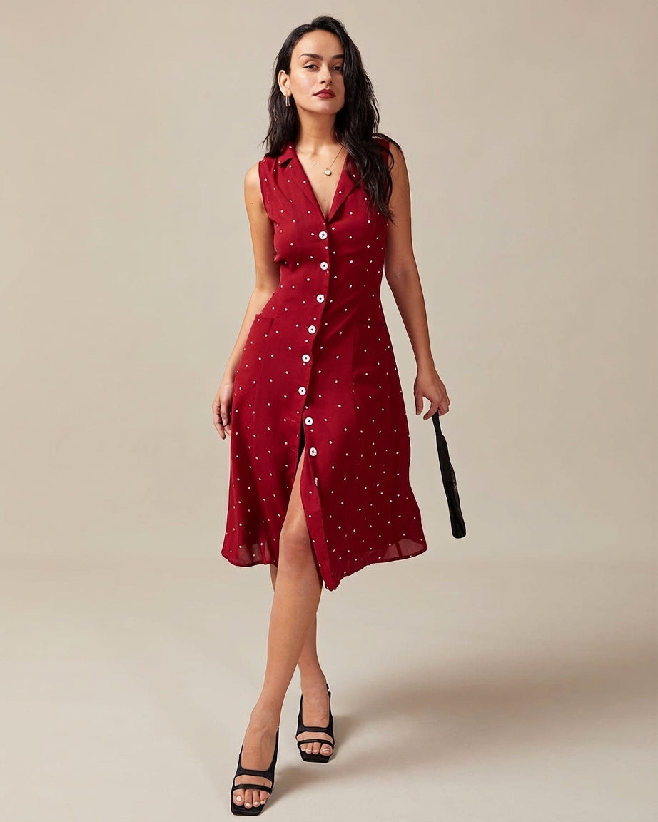 Red - A woman wearing a sleeveless dark red midi dress with white pin dots, featuring a notched collar, button-down front, and side pockets.