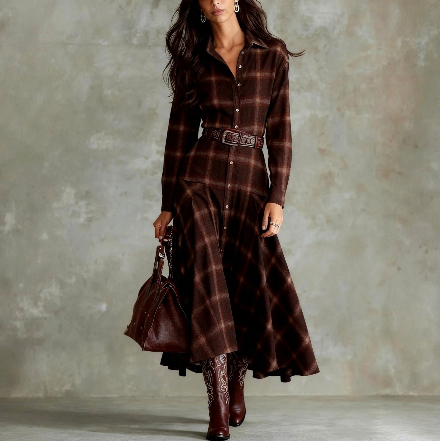 Plaid Long Sleeve Maxi Shirt Dress