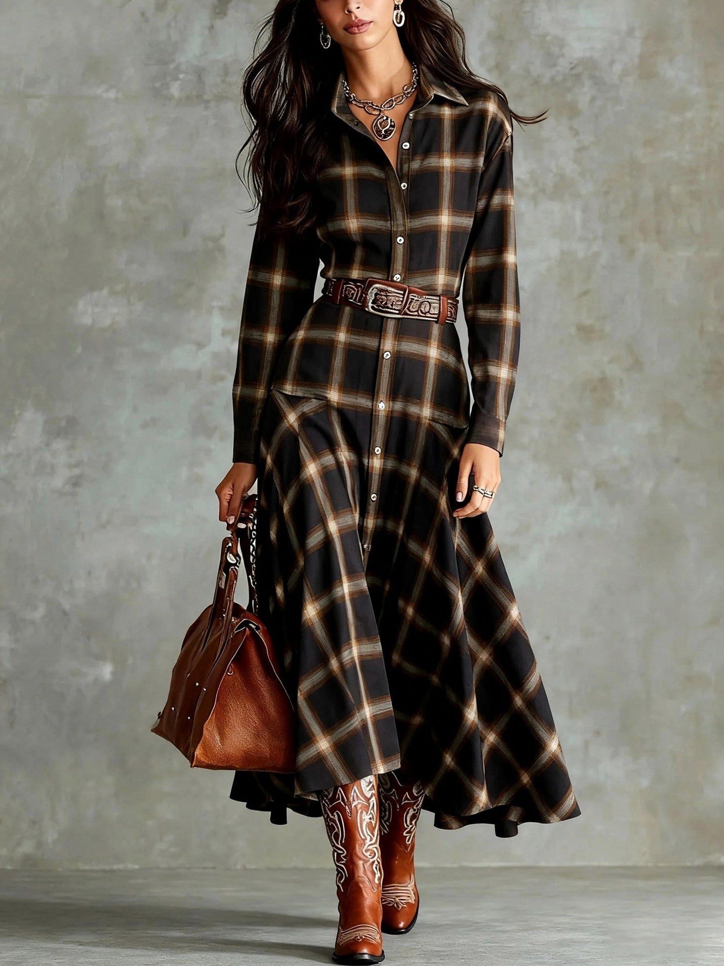 Plaid Long Sleeve Maxi Shirt Dress