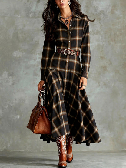 Plaid Long Sleeve Maxi Shirt Dress