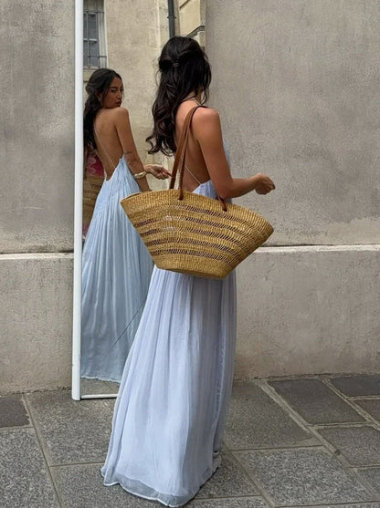 Pleated Backless Maxi Dress