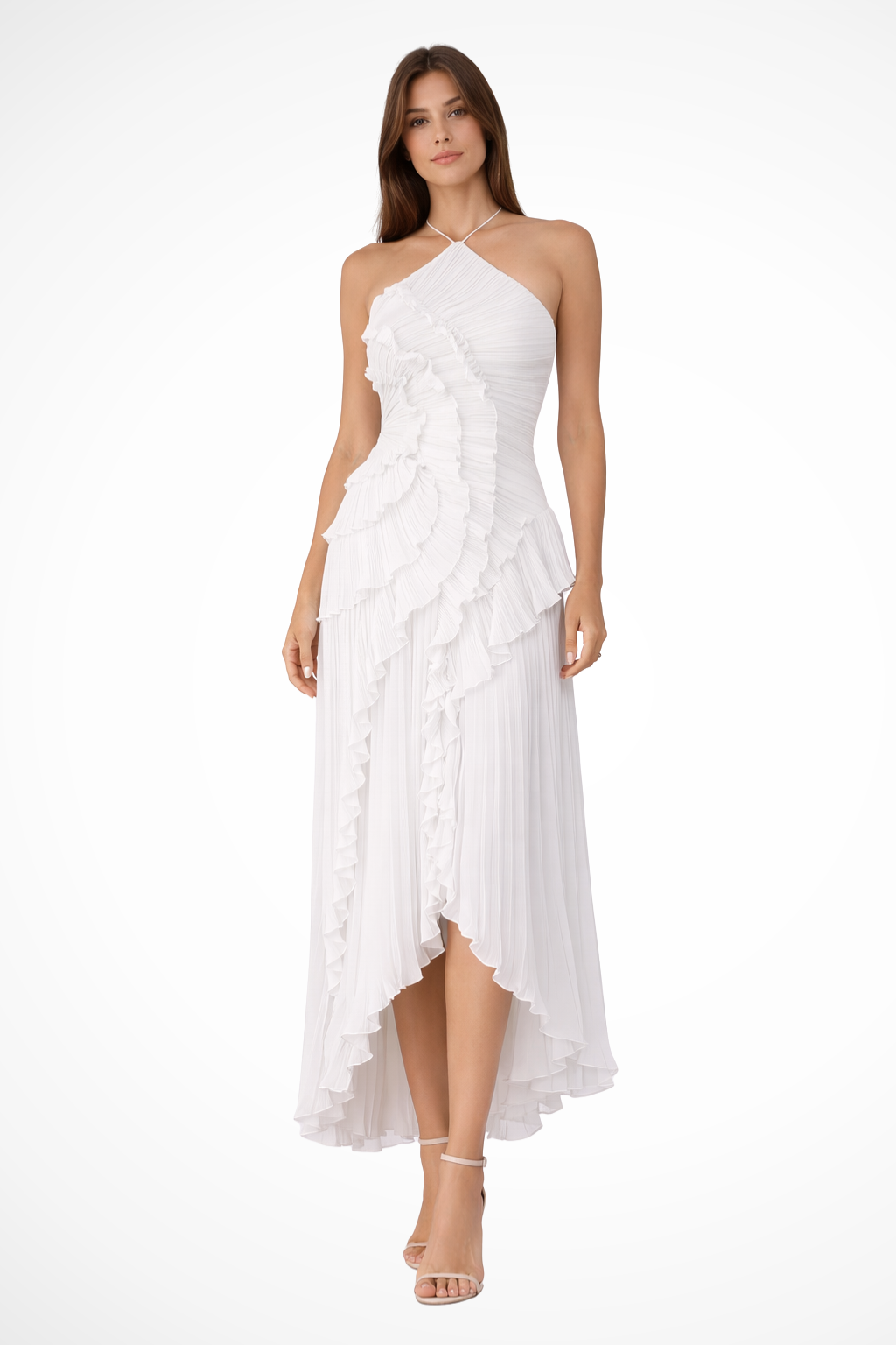 White - A woman wearing a sleeveless, light pink halter maxi dress made of pleated chiffon, featuring a cascading ruffle down the front and an asymmetrical high-low hemline.