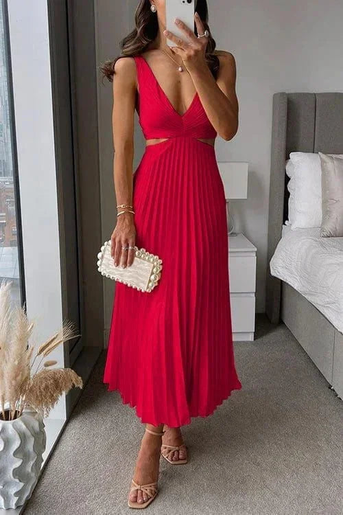 Red - Sleeveless midi dress featuring a deep V-neckline, side waist cutouts, and a fully pleated skirt.