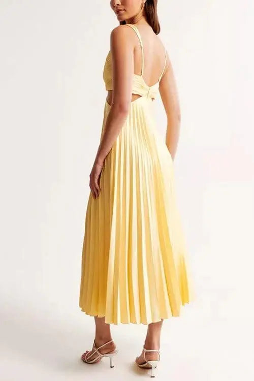 Yellow - Sleeveless pale yellow midi dress featuring a plunging V-neckline, side waist cutouts, and a flowing accordion-pleated skirt.