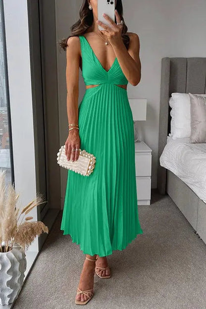 Green - Sleeveless pale yellow midi dress featuring a plunging V-neckline, side waist cutouts, and a flowing accordion-pleated skirt.