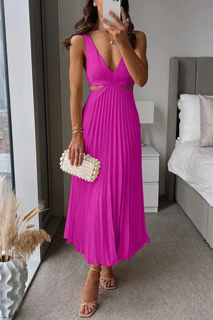 Magenta - Sleeveless pale yellow midi dress featuring a plunging V-neckline, side waist cutouts, and a flowing accordion-pleated skirt.