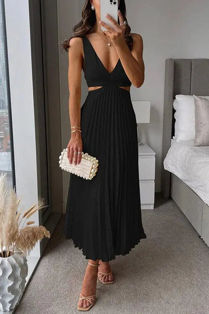 Black - Sleeveless pale yellow midi dress featuring a plunging V-neckline, side waist cutouts, and a flowing accordion-pleated skirt.