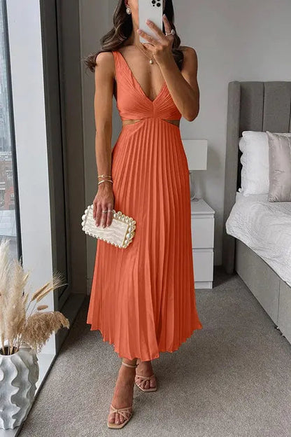 Orange - Sleeveless pale yellow midi dress featuring a plunging V-neckline, side waist cutouts, and a flowing accordion-pleated skirt.