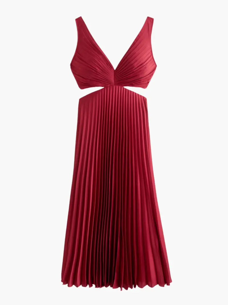 Orange - Sleeveless pale yellow midi dress featuring a plunging V-neckline, side waist cutouts, and a flowing accordion-pleated skirt.
