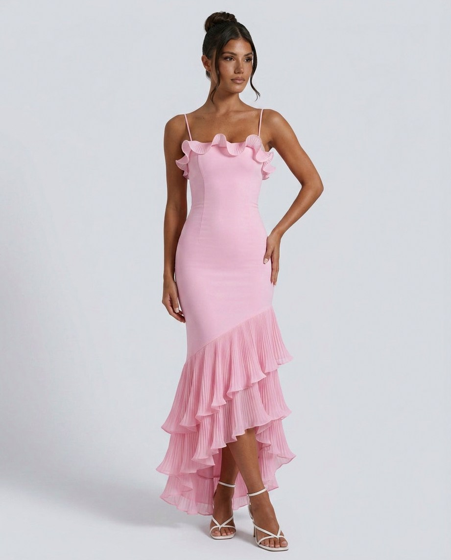 Pleated Tiered High Low Maxi Dress