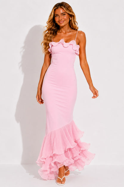 Pleated Tiered High Low Maxi Dress