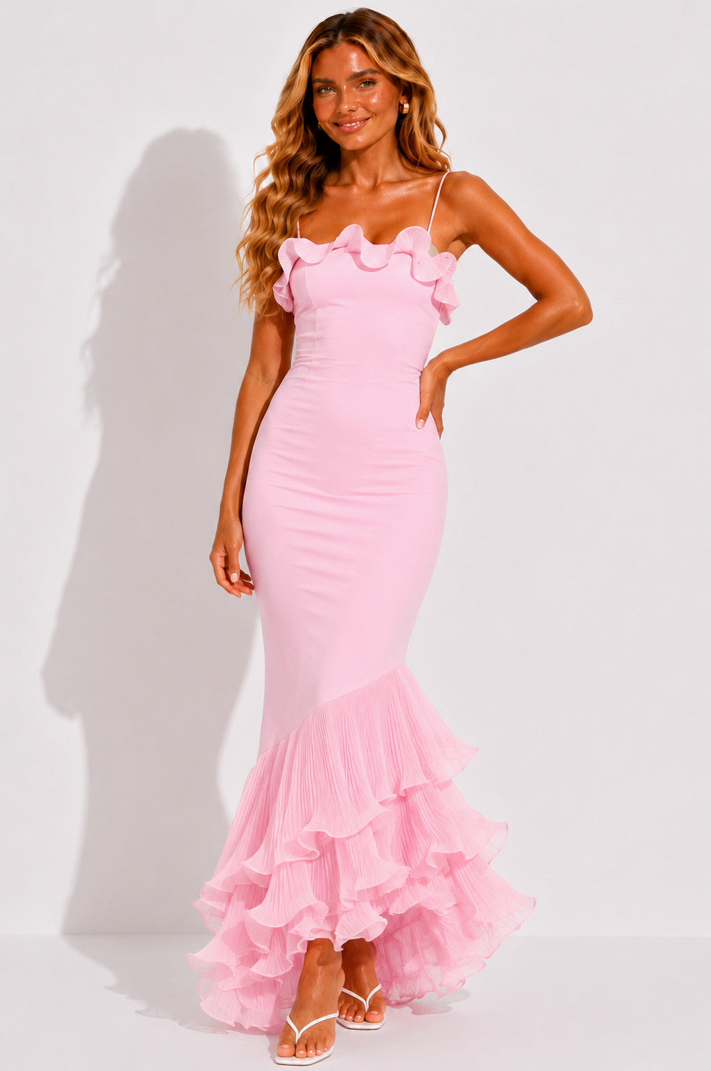 Pleated Tiered High Low Maxi Dress