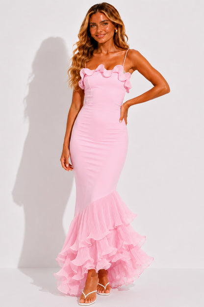 Pleated Tiered High Low Maxi Dress