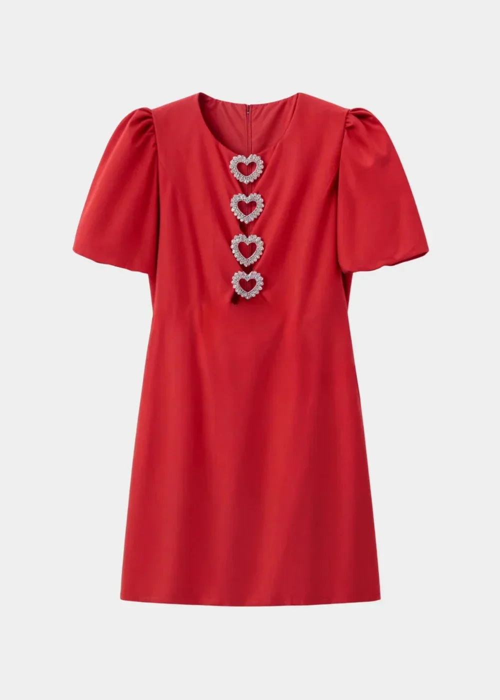 Red - Black mini dress with white polka dots, featuring short puff sleeves, a center front cutout, and three contrasting white 3D bows down the bodice.