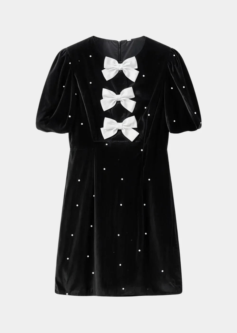 Black with pearls - Black mini dress with white polka dots, featuring short puff sleeves, a center front cutout, and three contrasting white 3D bows down the bodice.