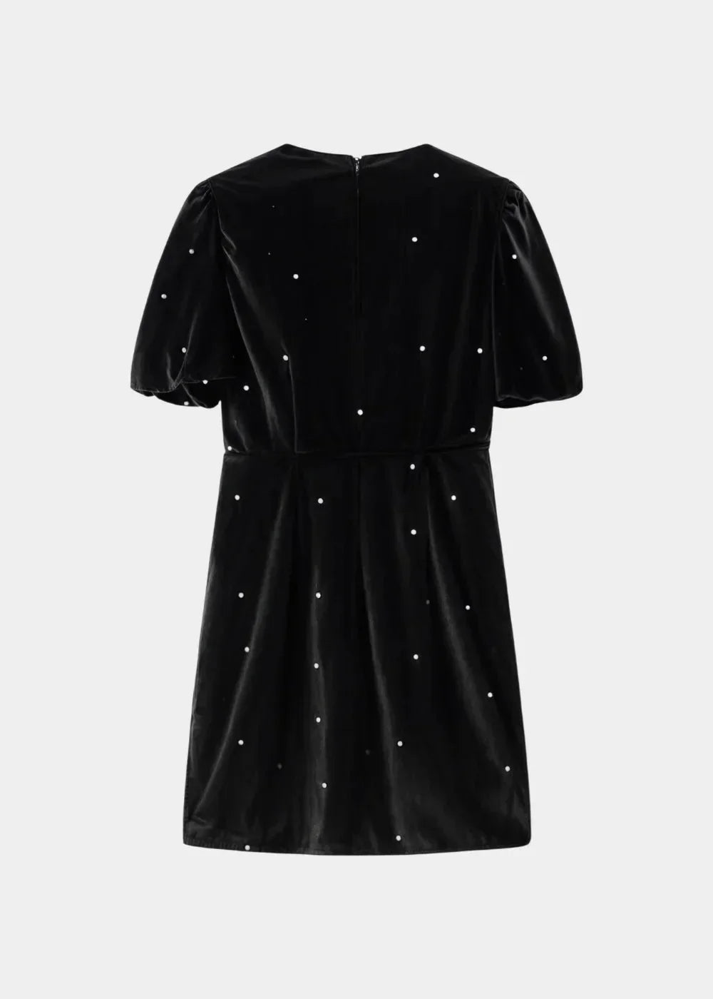 Black with pearls - Black mini dress with white polka dots, featuring short puff sleeves, a center front cutout, and three contrasting white 3D bows down the bodice.