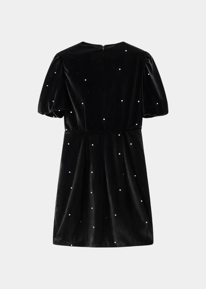 Black with pearls - Black mini dress with white polka dots, featuring short puff sleeves, a center front cutout, and three contrasting white 3D bows down the bodice.