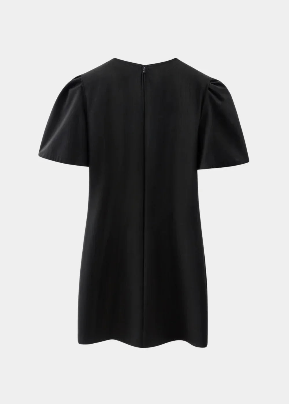 Black with pearls - Black mini dress with white polka dots, featuring short puff sleeves, a center front cutout, and three contrasting white 3D bows down the bodice.