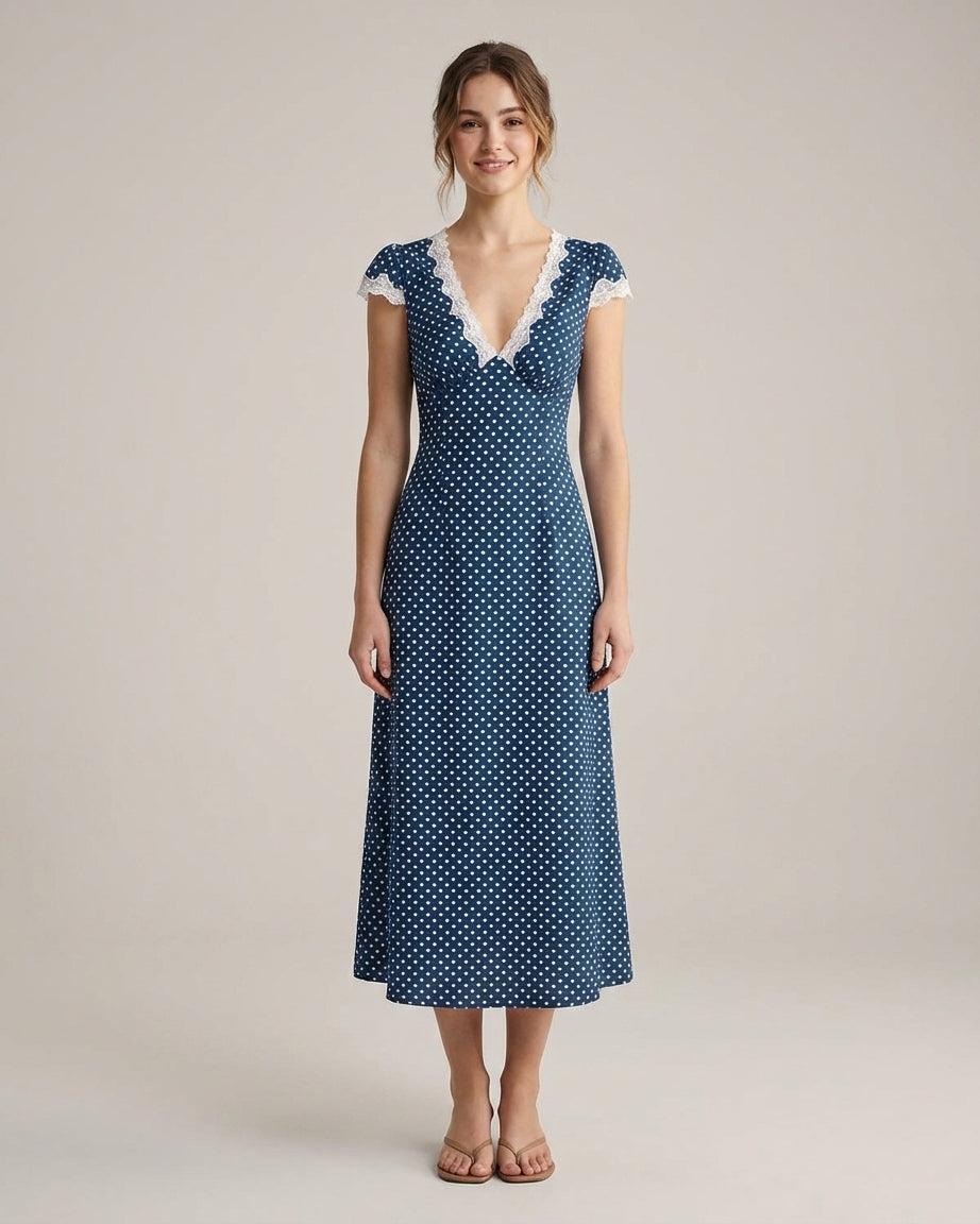 Navy - A woman wearing a navy blue and white polka dot midi dress with white lace trim along the V-neckline and cap sleeves, paired with white low-heeled slide sandals.