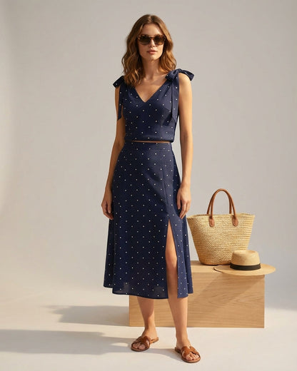 Navy - A woman wearing a navy blue and white polka dot two-piece midi set, featuring a cropped tie-shoulder V-neck top and a high-waisted midi skirt with a side slit.