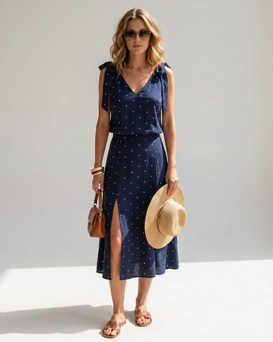 Navy - A woman wearing a navy blue and white polka dot two-piece midi set, featuring a cropped tie-shoulder V-neck top and a high-waisted midi skirt with a side slit.