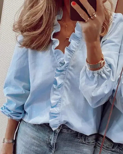 Poplin Ruffle Trim Long Sleeve Blouse