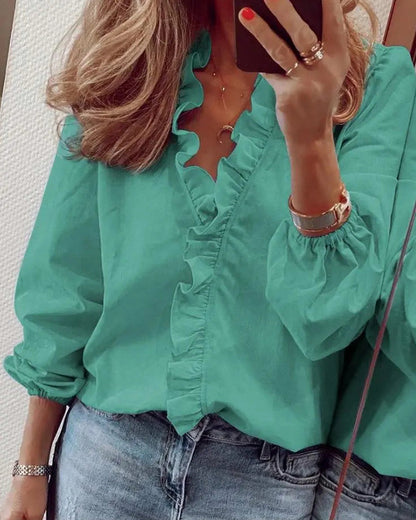 Poplin Ruffle Trim Long Sleeve Blouse