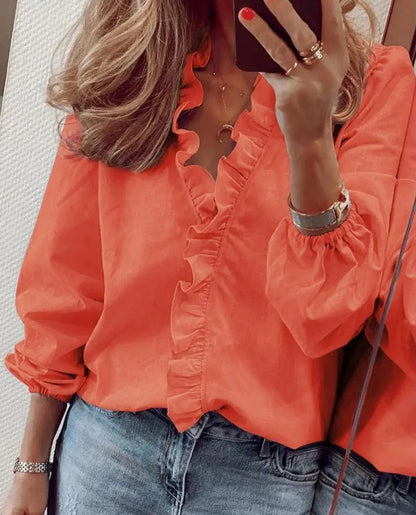 Poplin Ruffle Trim Long Sleeve Blouse